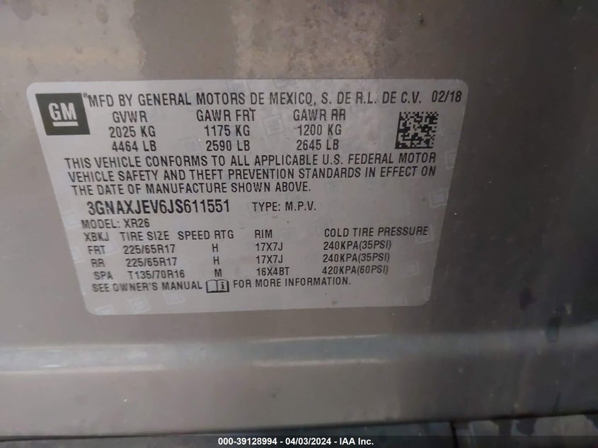 VIN 3GNAXJEV6JS611551 2018 CHEVROLET EQUINOX LT