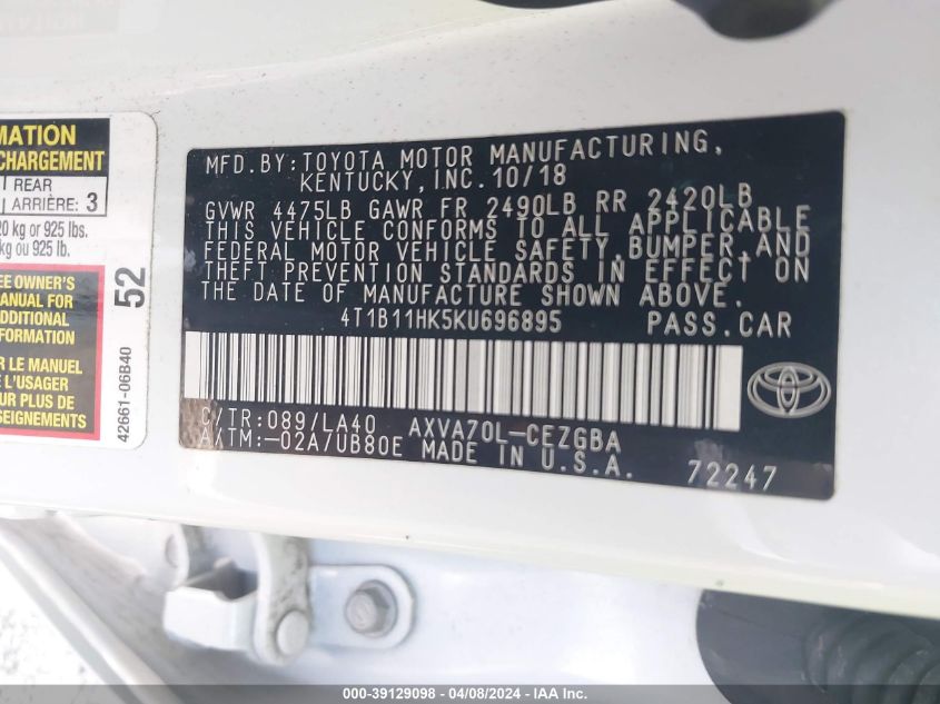 4T1B11HK5KU696895 2019 Toyota Camry Xle