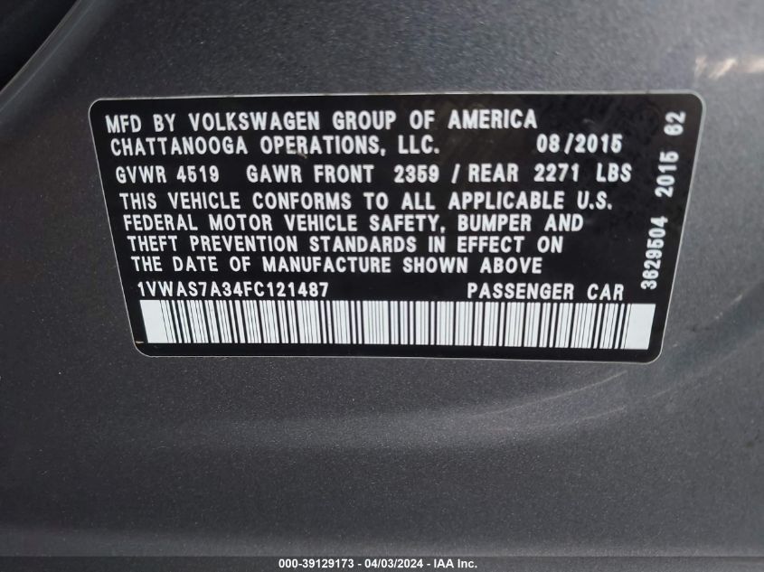 1VWAS7A34FC121487 | 2015 VOLKSWAGEN PASSAT