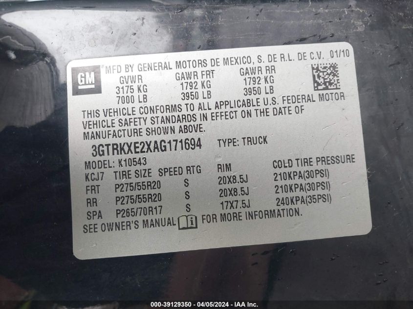 3GTRKXE2XAG171694 | 2010 GMC SIERRA 1500