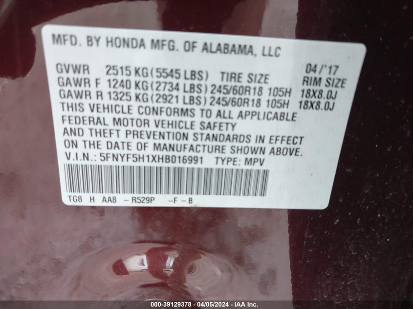 2017 HONDA PILOT LX - 5FNYF5H1XHB016991