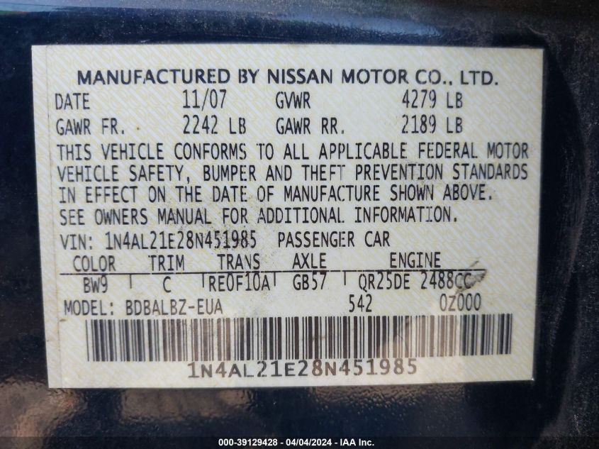 1N4AL21E28N451985 | 2008 NISSAN ALTIMA