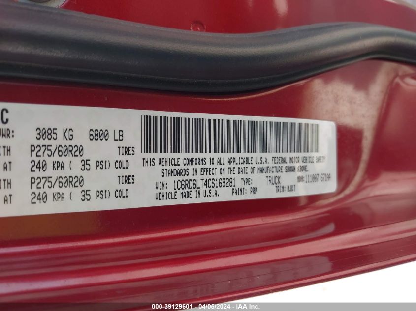 2012 Ram 1500 Slt VIN: 1C6RD6LT4CS169281 Lot: 43425791