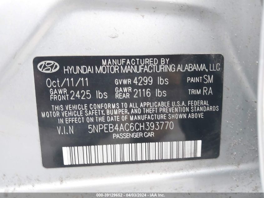 5NPEB4AC6CH393770 | 2012 HYUNDAI SONATA