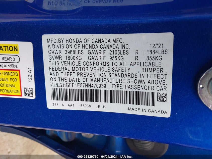 2022 HONDA CIVIC SI SEDAN - 2HGFE1E57NH470939