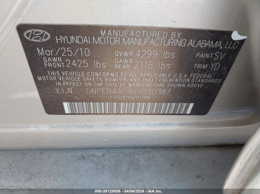 5NPEB4AC9BH040387 | 2011 HYUNDAI SONATA