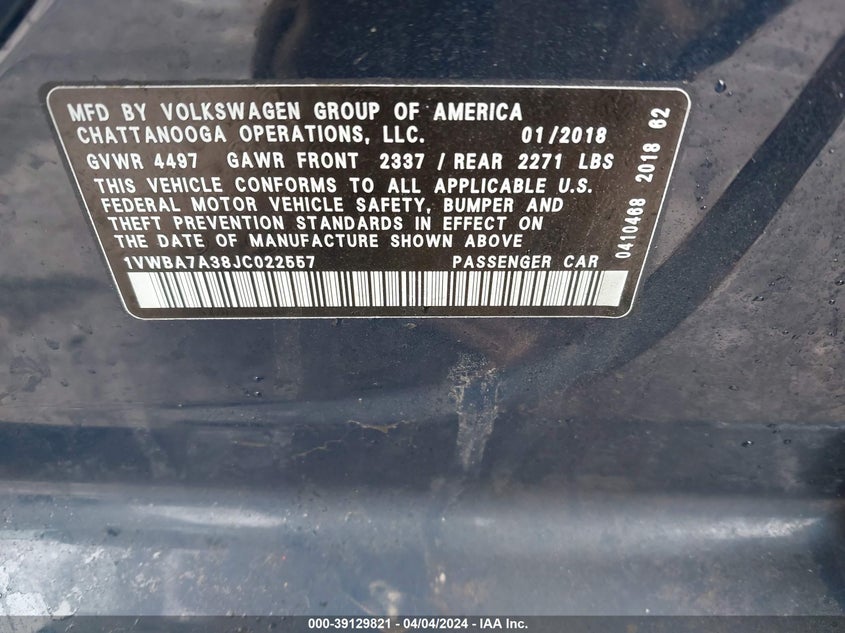 VIN 1VWBA7A38JC022557 2018 VOLKSWAGEN PASSAT SE