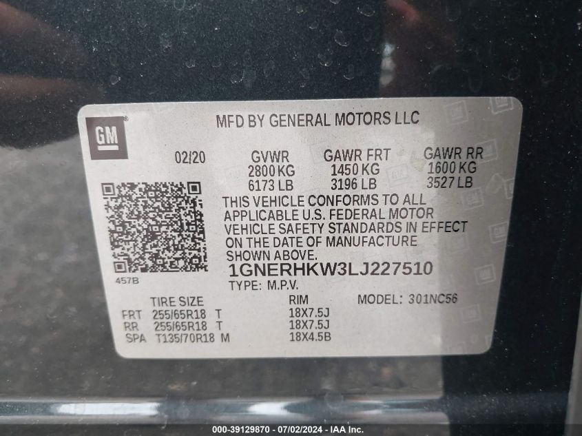 2020 Chevrolet Traverse Fwd Lt Leather VIN: 1GNERHKW3LJ227510 Lot: 39129870