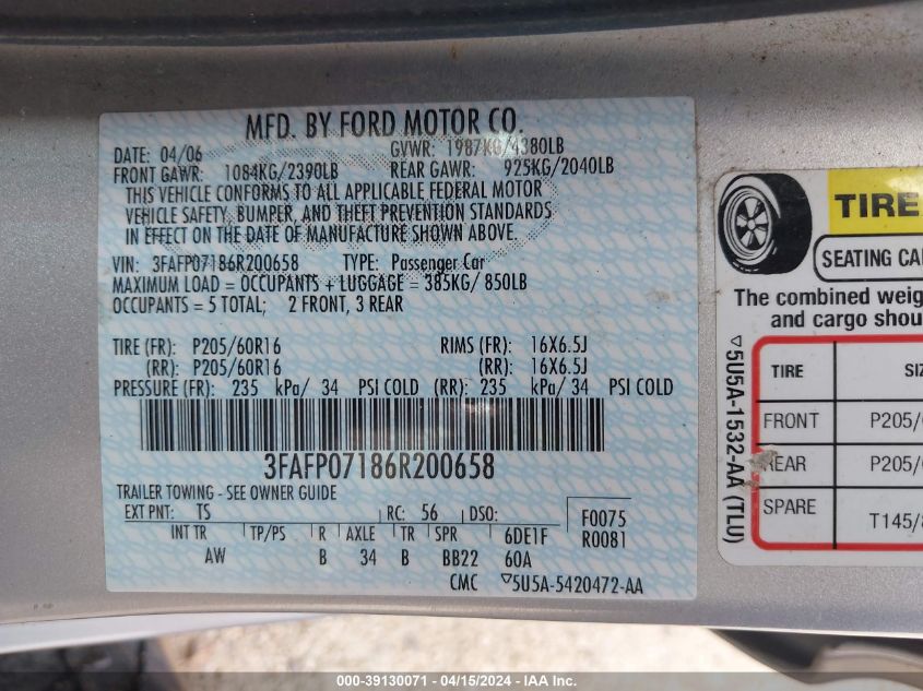 2006 Ford Fusion Se VIN: 3FAFP07186R200658 Lot: 39130071