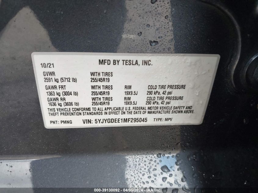 2021 TESLA MODEL Y - 5YJYGDEE1MF295045