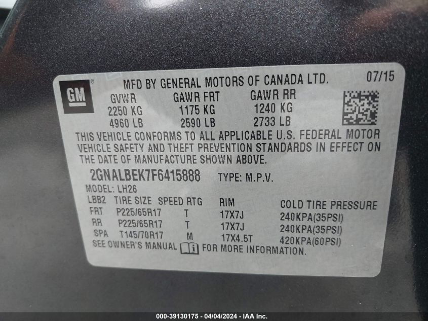 2015 Chevrolet Equinox 1Lt VIN: 2GNALBEK7F6415888 Lot: 43415827