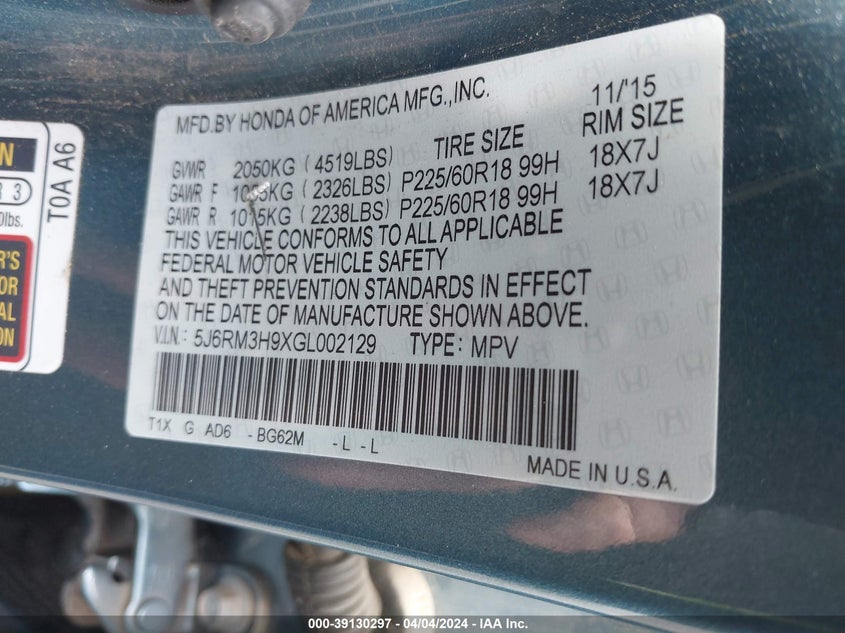 2016 HONDA CR-V TOURING - 5J6RM3H9XGL002129