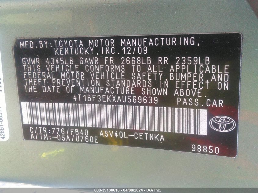 4T1BF3EKXAU569639 | 2010 TOYOTA CAMRY