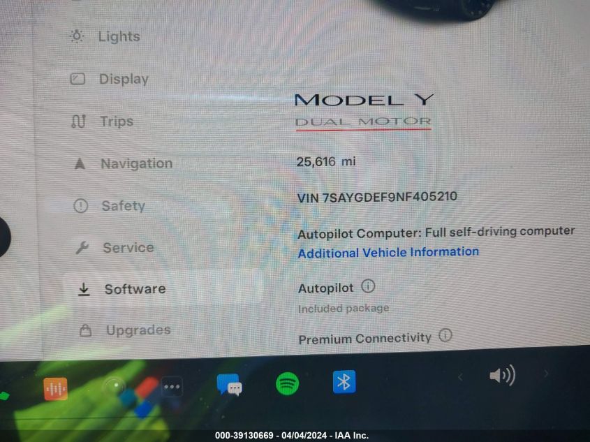 2022 Tesla Model Y Performance Dual Motor All-Wheel Drive VIN: 7SAYGDEF9NF405210 Lot: 39130669