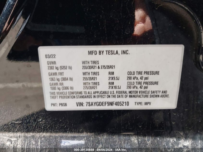 2022 Tesla Model Y Performance Dual Motor All-Wheel Drive VIN: 7SAYGDEF9NF405210 Lot: 39130669