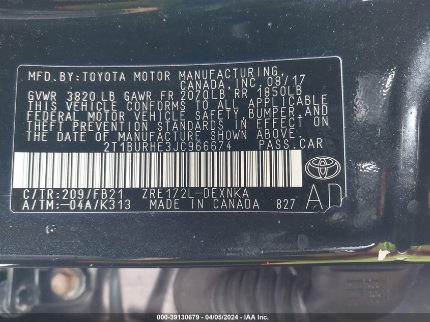 2018 TOYOTA COROLLA LE - 2T1BURHE3JC966674