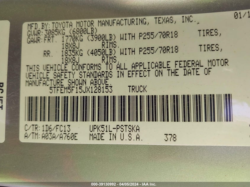 VIN 5TFEM5F15JX128153 2018 TOYOTA TUNDRA CREWMAX SR5