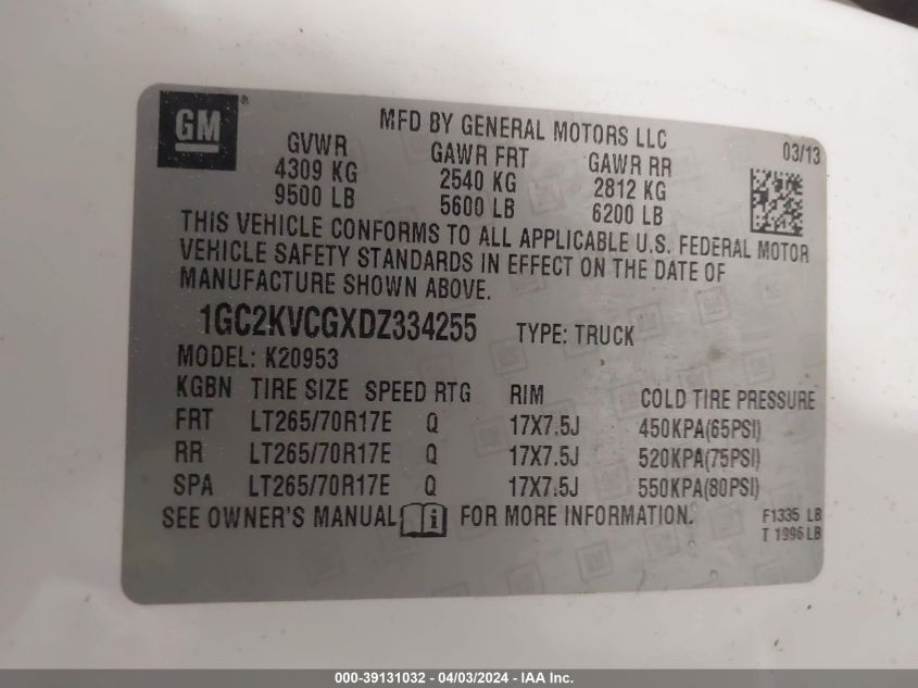 1GC2KVCGXDZ334255 | 2013 CHEVROLET SILVERADO 2500HD