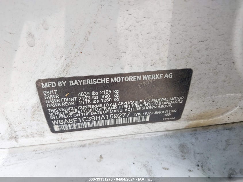 2017 BMW 330E IPERFORMANCE - WBA8E1C39HA159277