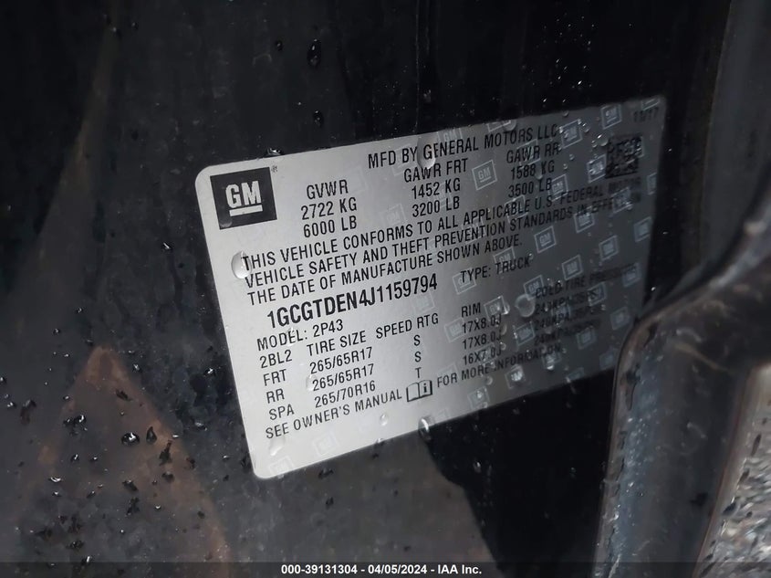 2018 CHEVROLET COLORADO Z71 - 1GCGTDEN4J1159794