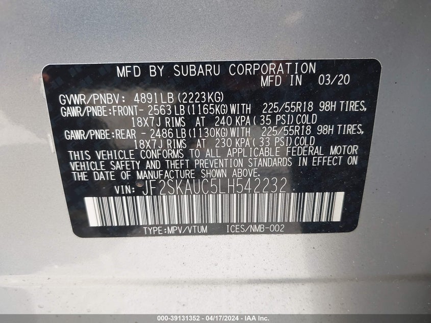 2020 SUBARU FORESTER LIMITED - JF2SKAUC5LH542232