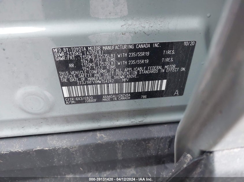 VIN 2T3J1RFVXMW154242 2021 TOYOTA RAV4 ADVENTURE