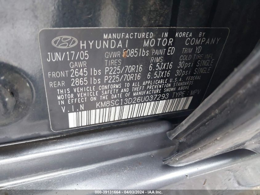 KM8SC13D26U037293 | 2006 HYUNDAI SANTA FE