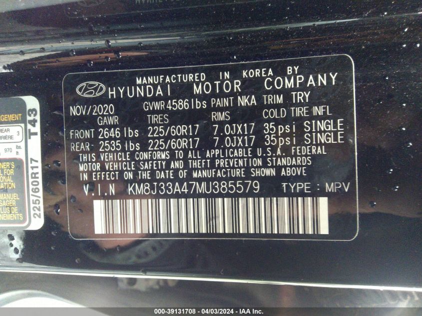 2021 Hyundai Tucson Value VIN: KM8J33A47MU385579 Lot: 39131708