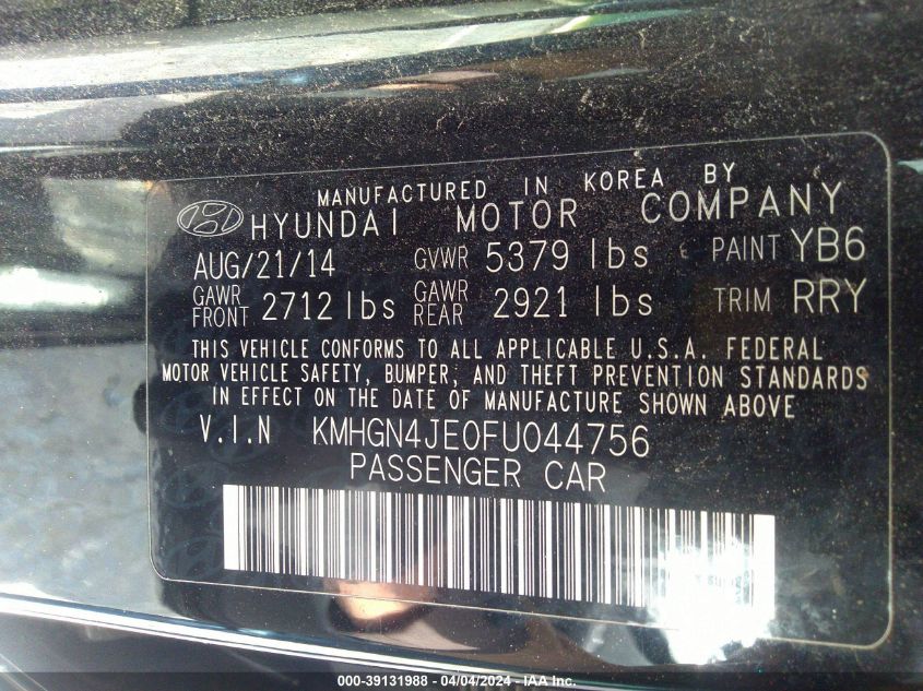 KMHGN4JE0FU044756 | 2015 HYUNDAI GENESIS