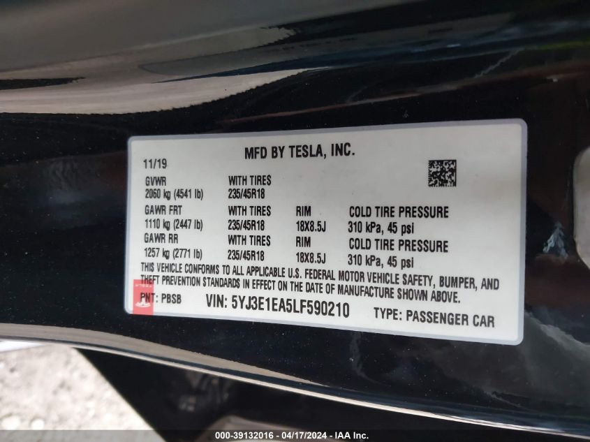 2020 Tesla Model 3 Standard Range Plus Rear-Wheel Drive/Standard Range Rear-Wheel Drive VIN: 5YJ3E1EA5LF590210 Lot: 39132016