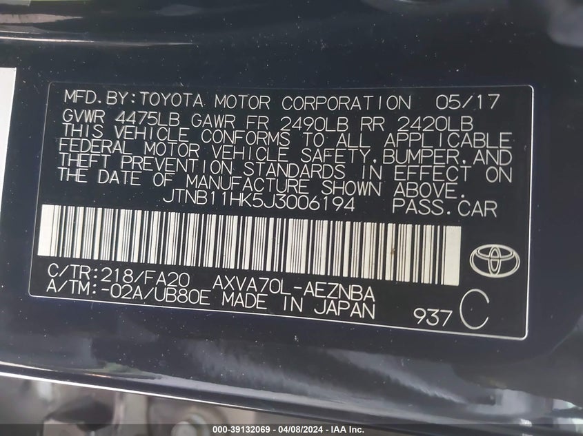 2018 TOYOTA CAMRY L/LE/XLE/SE/XSE - JTNB11HK5J3006194