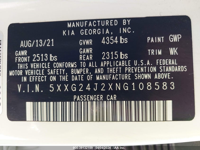 2022 KIA K5 LX - 5XXG24J2XNG108583