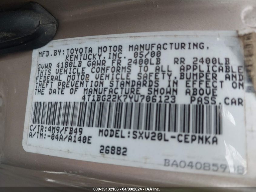 4T1BG22K7YU706123 2000 Toyota Camry Le