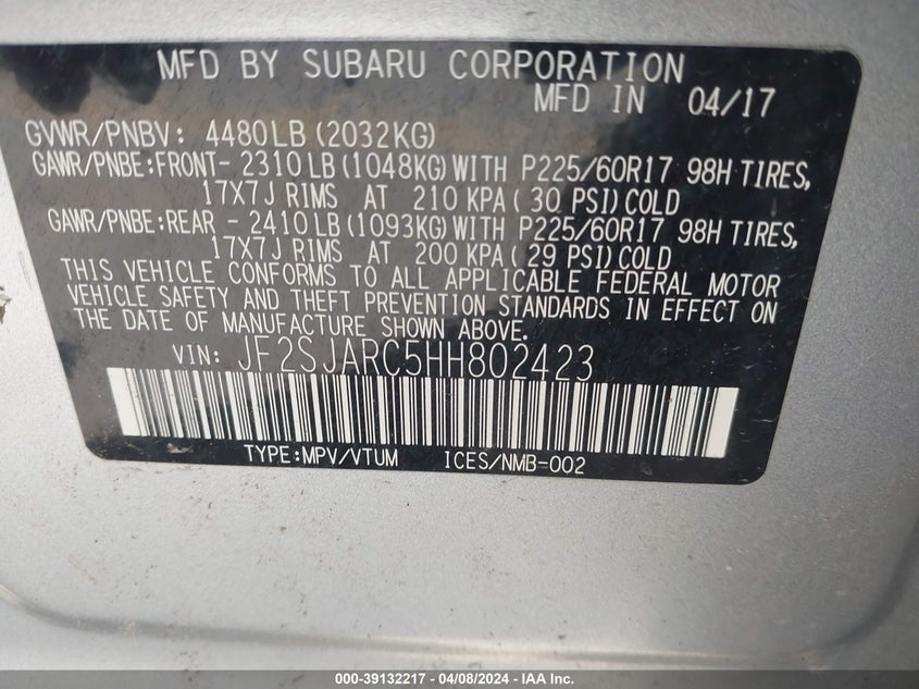 2017 SUBARU FORESTER 2.5I LIMITED - JF2SJARC5HH802423