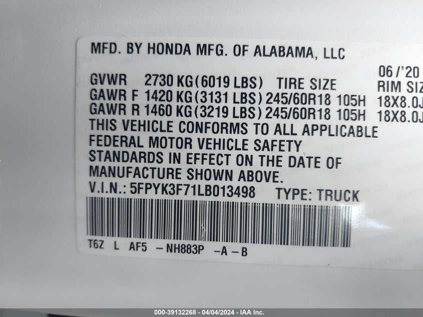 2020 HONDA RIDGELINE RTL-E - 5FPYK3F71LB013498