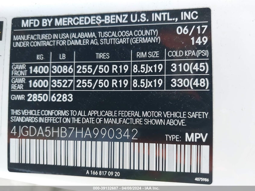 VIN 4JGDA5HB7HA990342 2017 MERCEDES-BENZ GLE 350 4MATIC