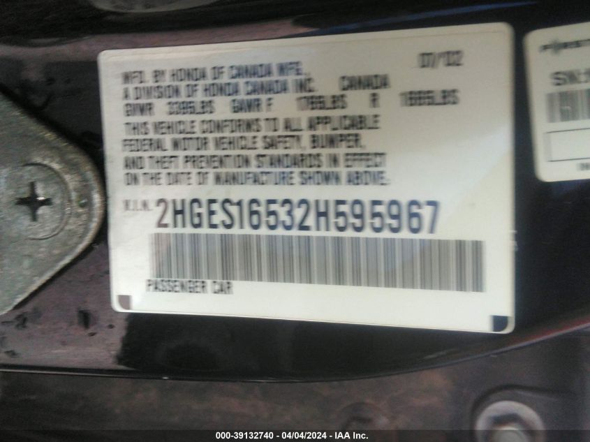 2HGES16532H595967 | 2002 HONDA CIVIC