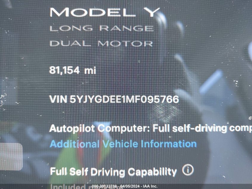 2021 Tesla Model Y Long Range Dual Motor All-Wheel Drive VIN: 5YJYGDEE1MF095766 Lot: 39132788