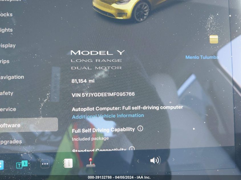 2021 Tesla Model Y Long Range Dual Motor All-Wheel Drive VIN: 5YJYGDEE1MF095766 Lot: 39132788