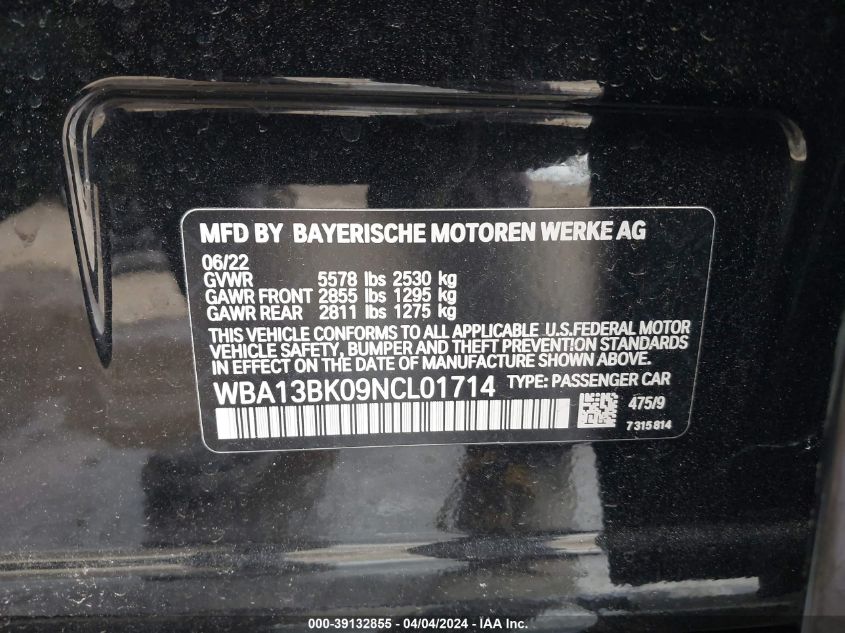 2022 BMW M550 I XDRIVE WBA13BK09NCL01714