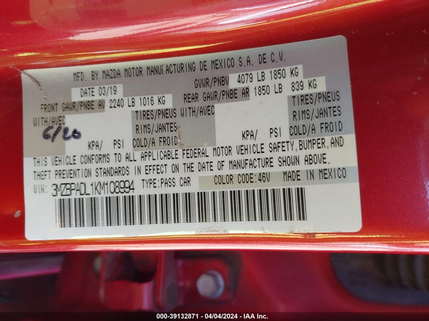 2019 MAZDA MAZDA3 PREFERRED PACKAGE - 3MZBPADL1KM108994