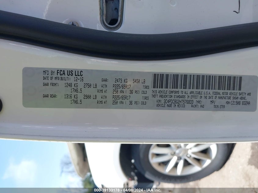 VIN 3C4PDCBG2HT576833 2017 DODGE JOURNEY SXT