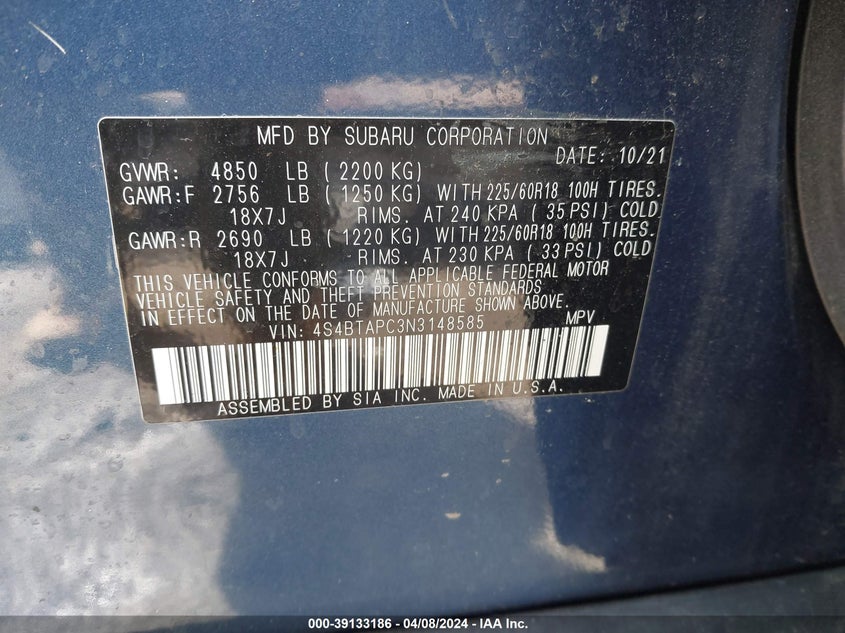 2022 SUBARU OUTBACK TOURING - 4S4BTAPC3N3148585