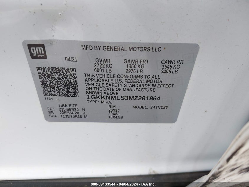VIN 1GKKNMLS3MZ201864 2021 GMC ACADIA FWD SLT