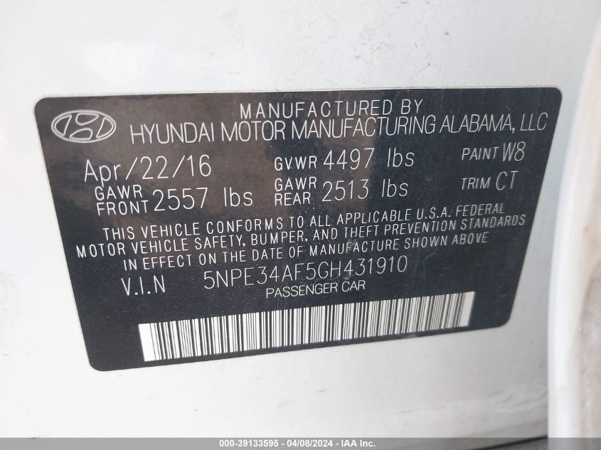 5NPE34AF5GH431910 | 2016 HYUNDAI SONATA