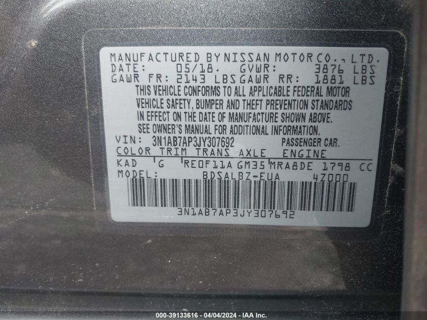 3N1AB7AP3JY307692 | 2018 NISSAN SENTRA