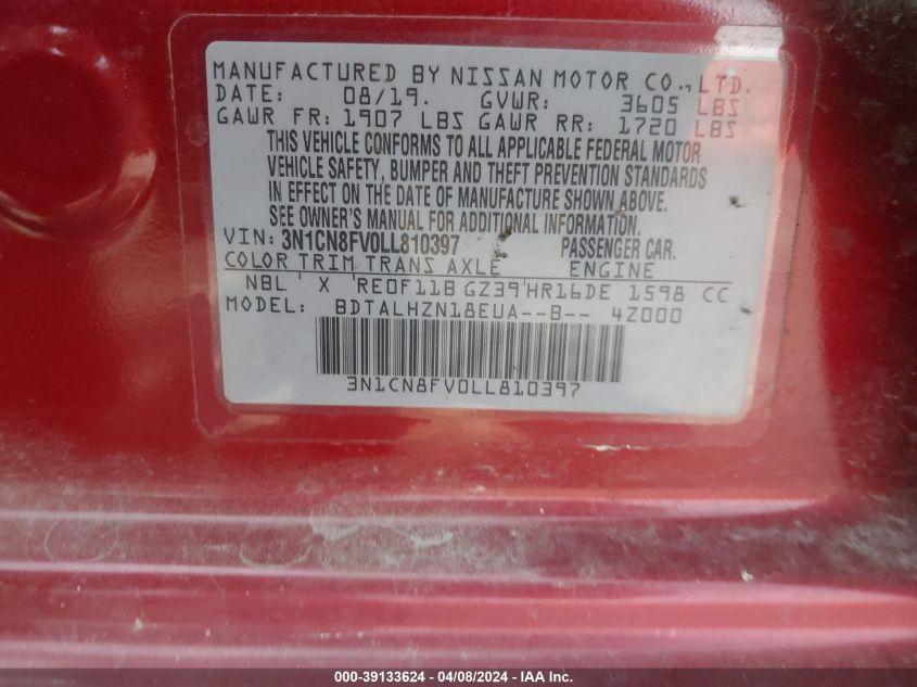 2020 Nissan Versa Sr Xtronic Cvt VIN: 3N1CN8FV0LL810397 Lot: 39133624