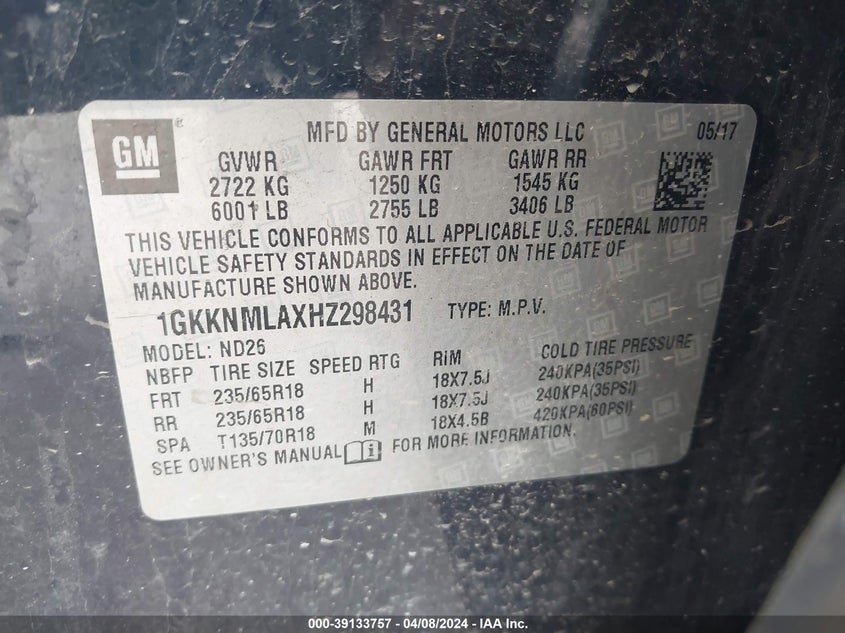 2017 GMC ACADIA SLT-1 - 1GKKNMLAXHZ298431