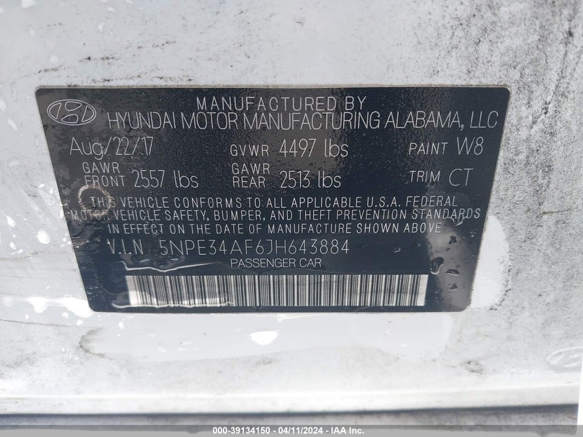 2018 HYUNDAI SONATA SEL VIN: 5NPE34AF6JH643884