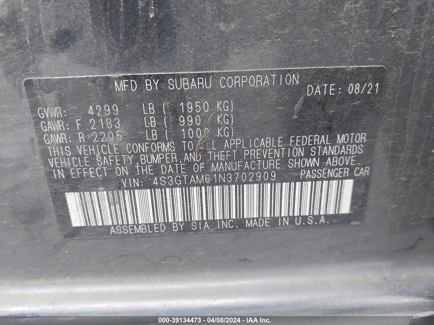 VIN 4S3GTAM61N3702909 2022 SUBARU IMPREZA SPORT 5-DOOR